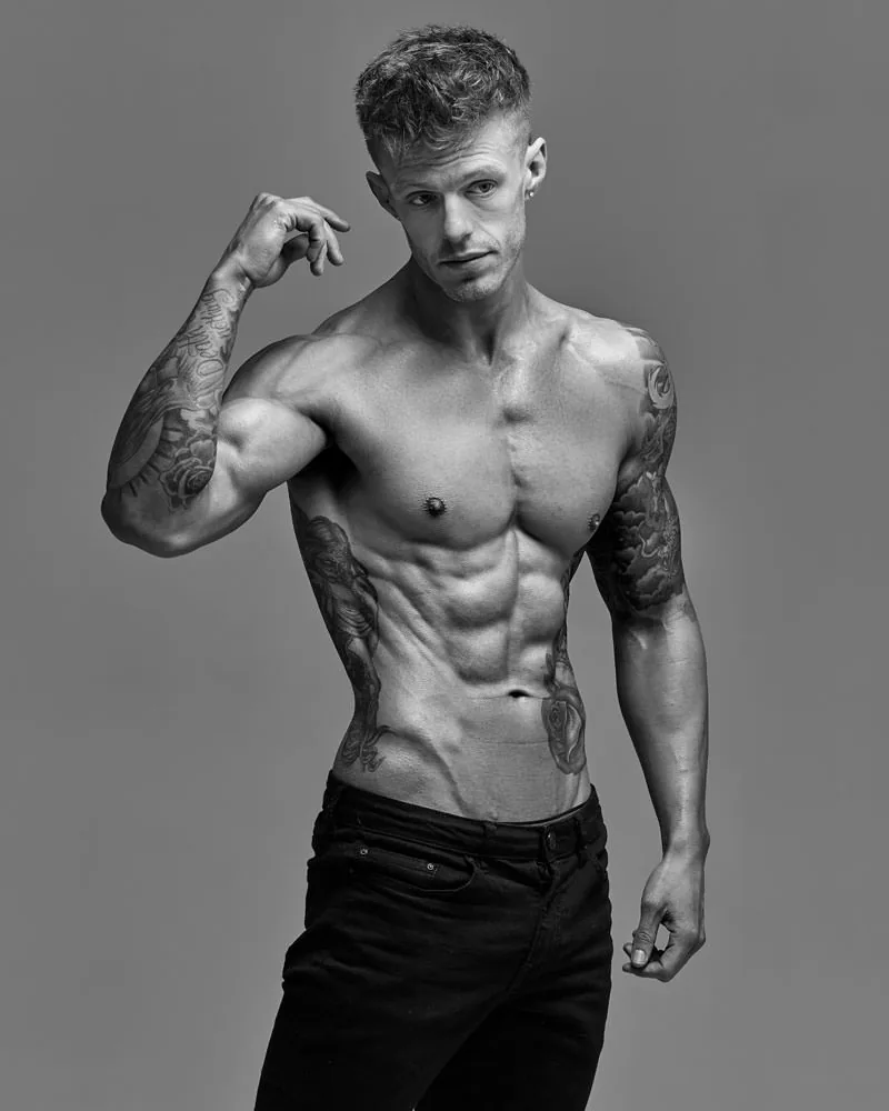PCA physique photography with dramatic black and white styling